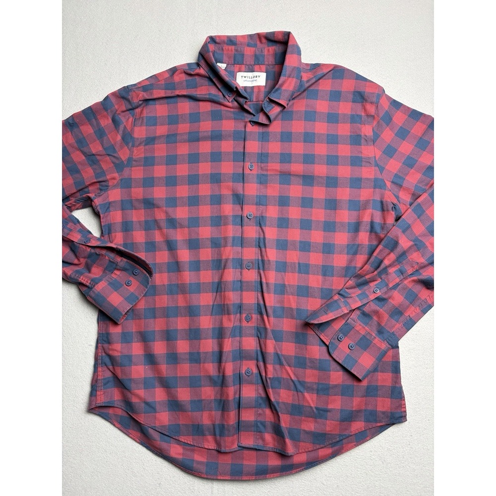 TWILLORY Untuckable Mens Red Navy Plaid Button Down Shirt Large